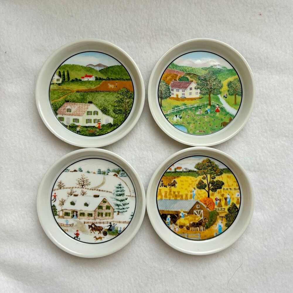 Vintage Takahashi San Francisco Porcelain Coasters - Four Seasons Folk Art Set o